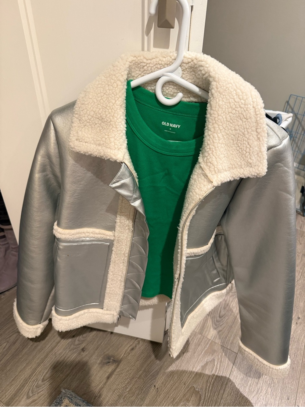 a new day Silver Faux Leather Sherpa Jacket with Cream Trim